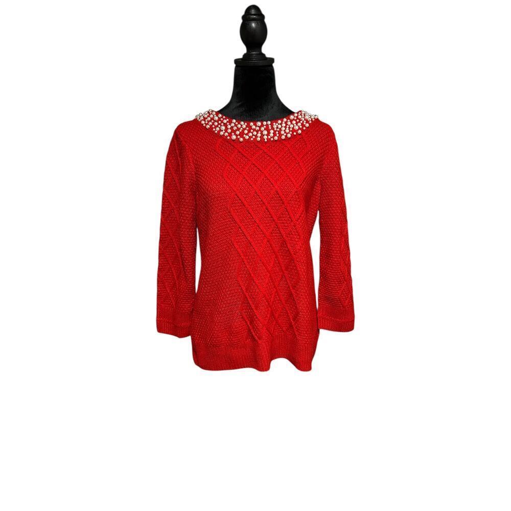 Karl Lagerfeld Paris Red Faux Pearl 3/4 Sleeve Sweater